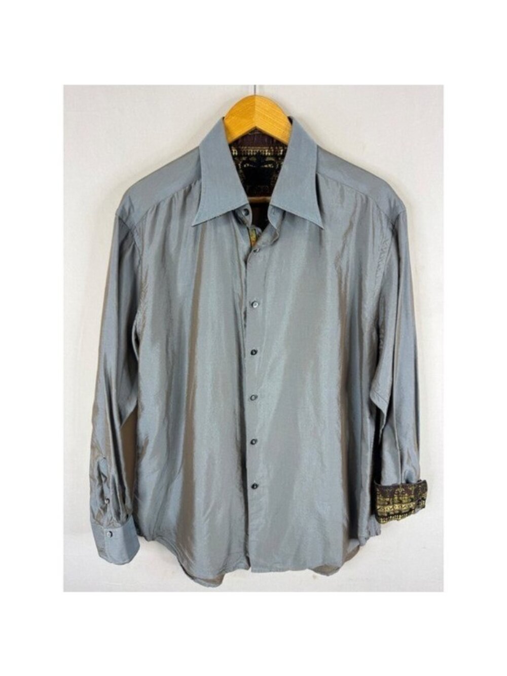 Robert Graham Mens XL Grey Metallic Long Sleeve Button Down Shirt Brocade Trim